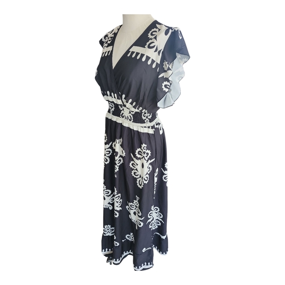 Black and White Floral Midi Dress V Neck Flutter Sleeve XL - Picture 6 of 7